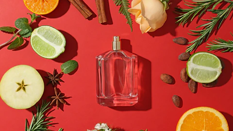 تصویری از ترکیبات طبیعی مورد استفاده در ساخت عطر، مانند میوه ها، گیاهان و شیشه اسانس