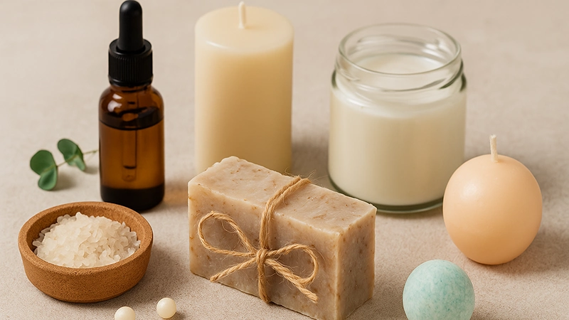 محصولات زیبایی دست‌ساز شامل صابون طبیعی، شمع، نمک حمام و روغن معطر برای فروش و برندسازی