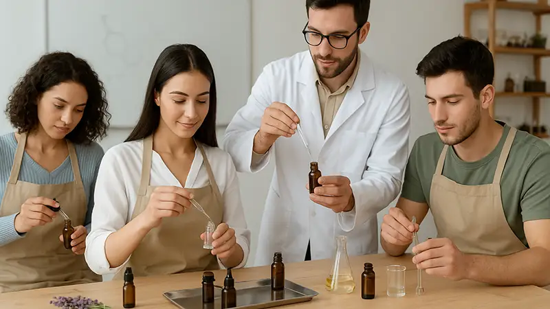 دانشجویان در حال یادگیری و ترکیب اسانس‌ها در دوره آموزش عطرسازی